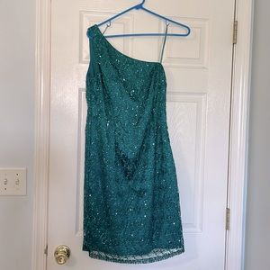 Stunning Adrianna Papell evening dress (sz 12), one shoulder, NWT, teal, sequins